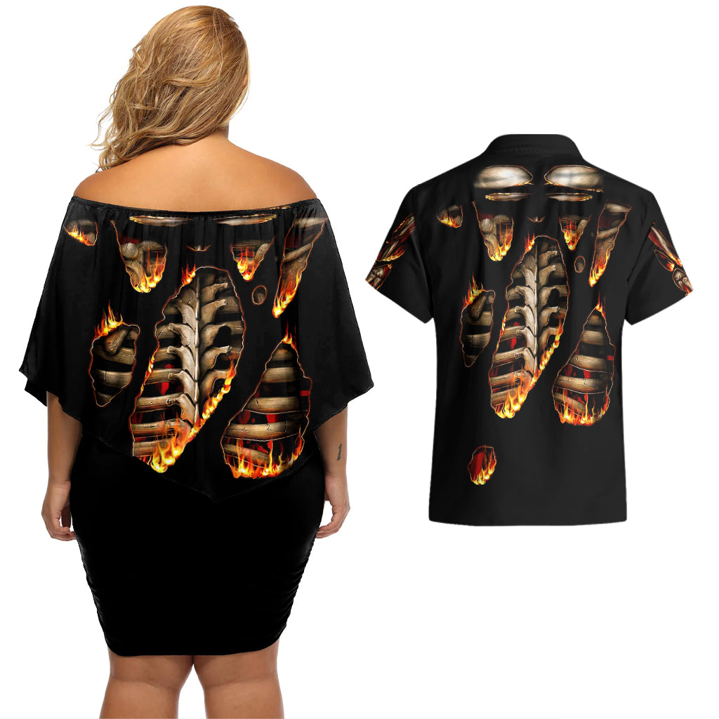 Flame Skull Couples Matching Off Shoulder Short Dress and Hawaiian Shirt Flame Skeleton Inside My Body - Wonder Print Shop
