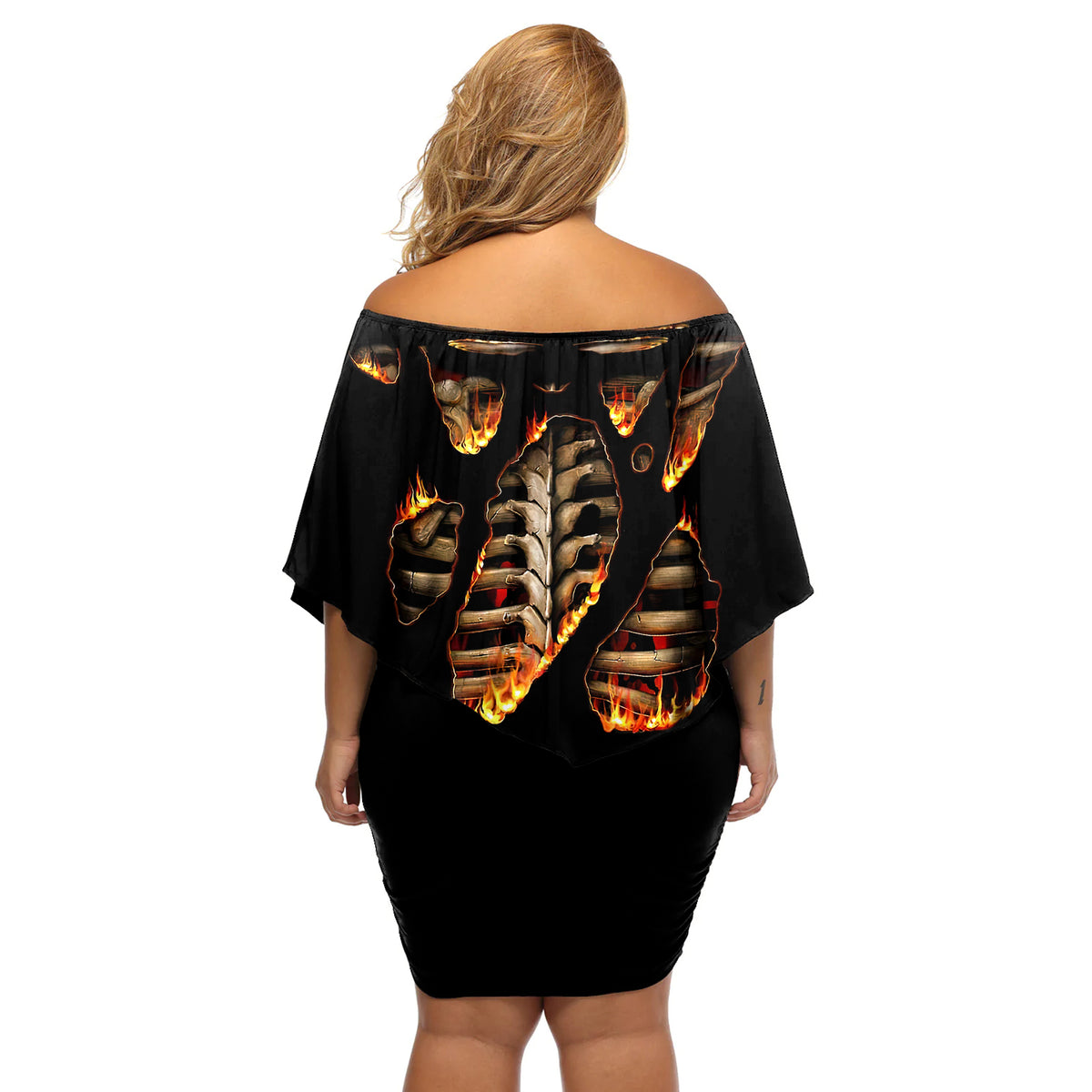 Flame Skull Off Shoulder Short Dress Flame Skeleton Inside My Body - Wonder Print Shop