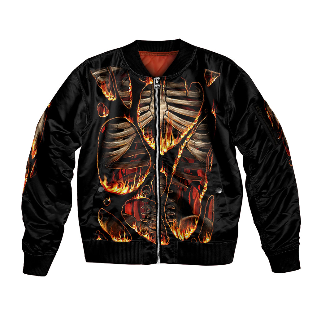 Flame Skull Sleeve Zip Bomber Jacket Flame Skeleton Inside My Body - Wonder Print Shop