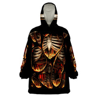 Black flame skull wearable blanket hoodie with front skeleton ribcage and flame graphic