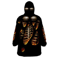 Black flame skull hoodie with back skeleton ribcage and flames graphic