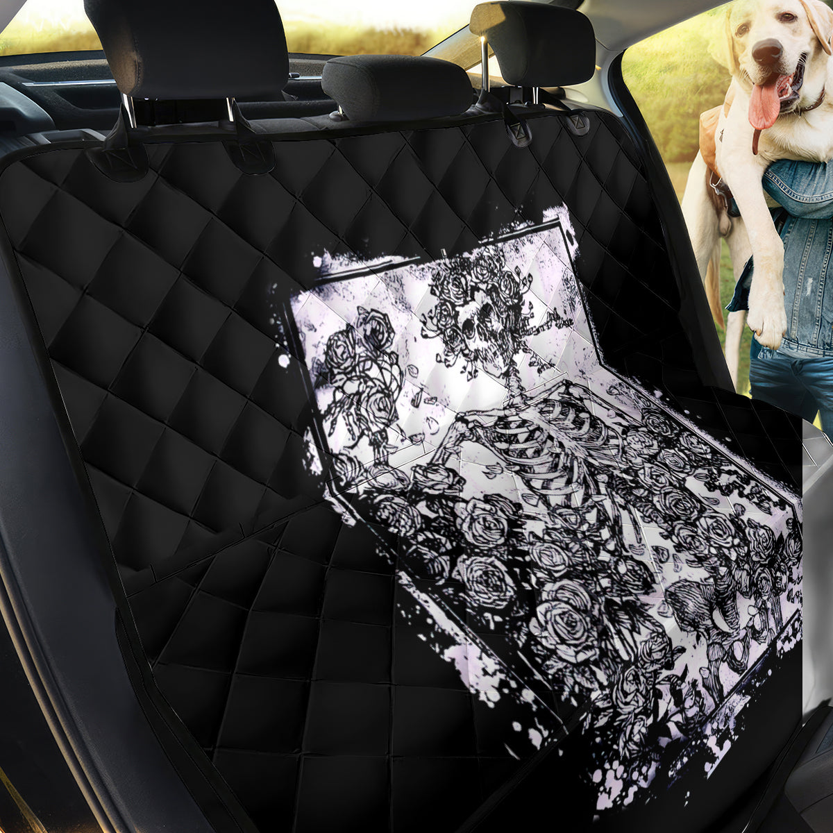 Rose Skull Back Car Seat Cover White Rose Skull Day Of The Dead - Wonder Print Shop
