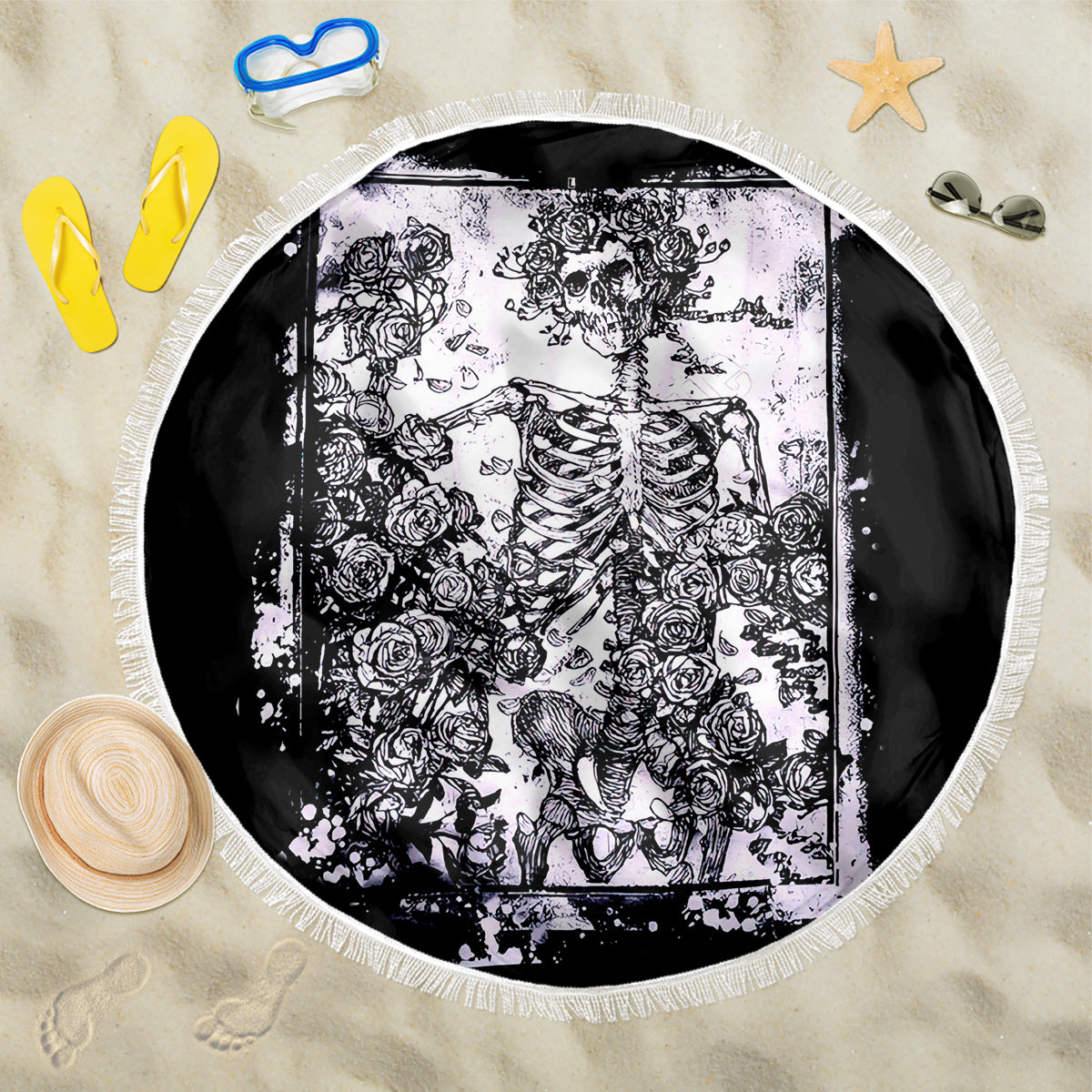 Rose Skull Beach Blanket White Rose Skull Day Of The Dead - Wonder Print Shop