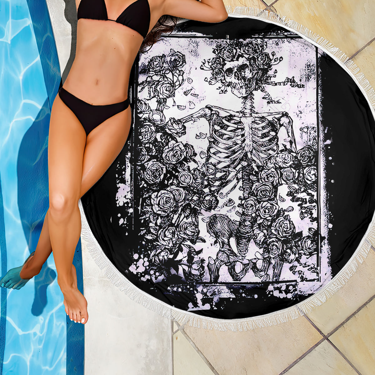 Rose Skull Beach Blanket White Rose Skull Day Of The Dead - Wonder Print Shop