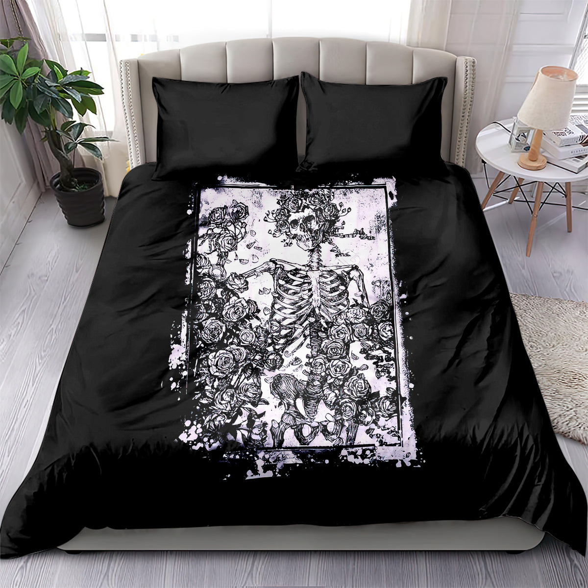 Rose Skull Bedding Set White Rose Skull Day Of The Dead - Wonder Print Shop