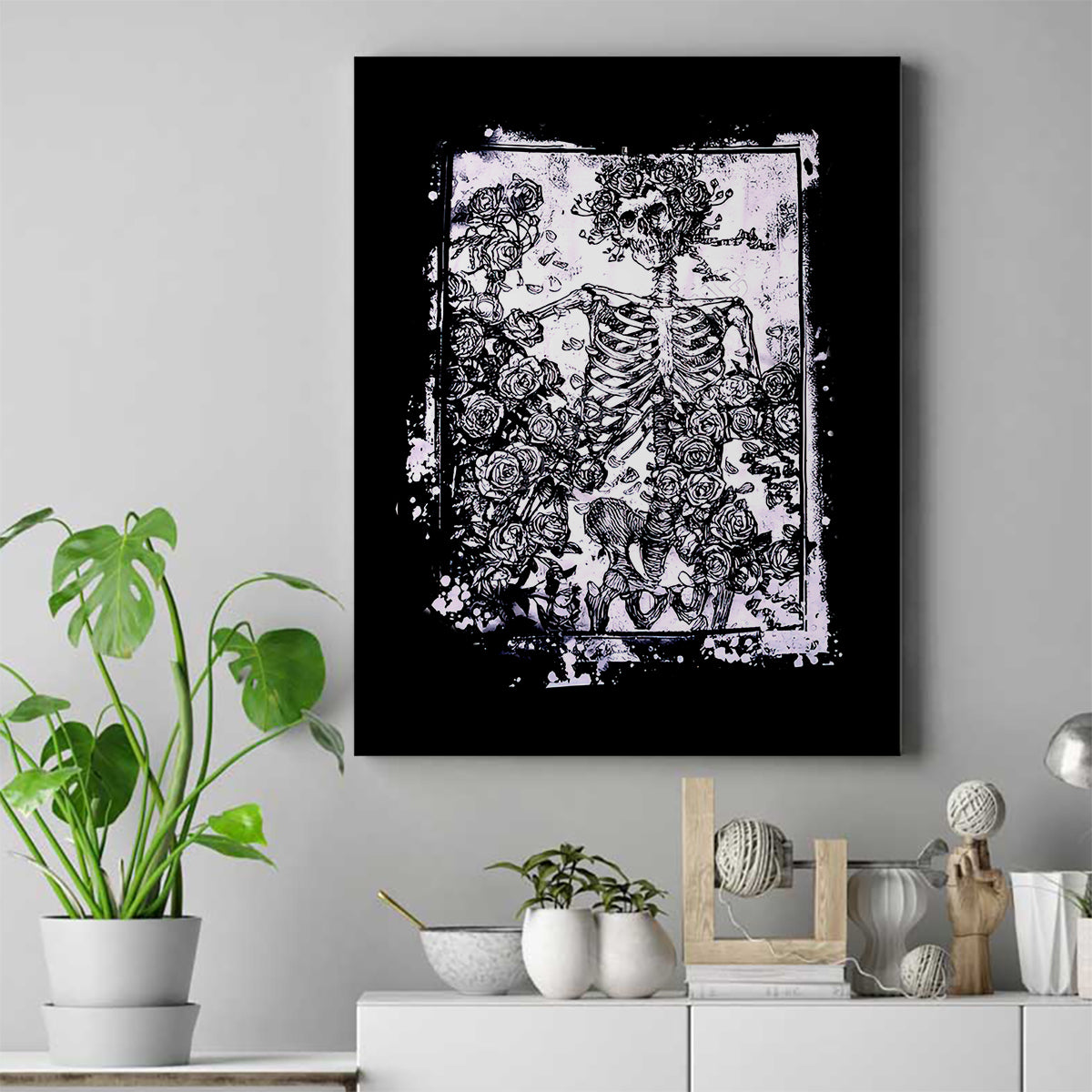 Rose Skull Canvas Wall Art White Rose Skull Day Of The Dead - Wonder Print Shop