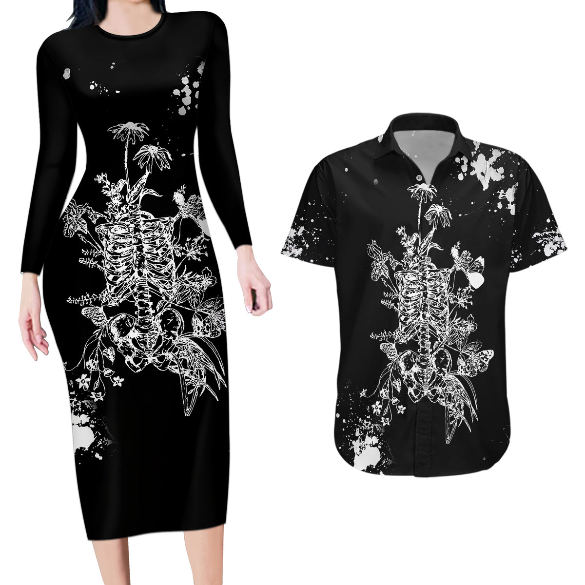 Rose Skull Couples Matching Long Sleeve Bodycon Dress and Hawaiian Shirt White Rose Skull Day Of The Dead - Wonder Print Shop