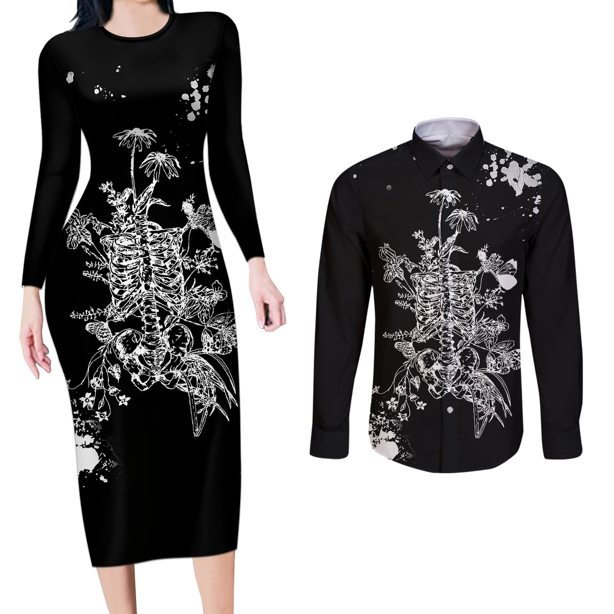 Rose Skull Couples Matching Long Sleeve Bodycon Dress and Long Sleeve Button Shirts White Rose Skull Day Of The Dead - Wonder Print Shop
