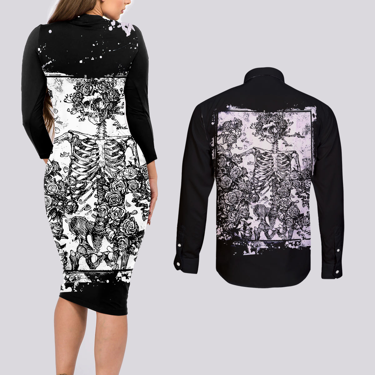 Rose Skull Couples Matching Long Sleeve Bodycon Dress and Long Sleeve Button Shirts White Rose Skull Day Of The Dead - Wonder Print Shop