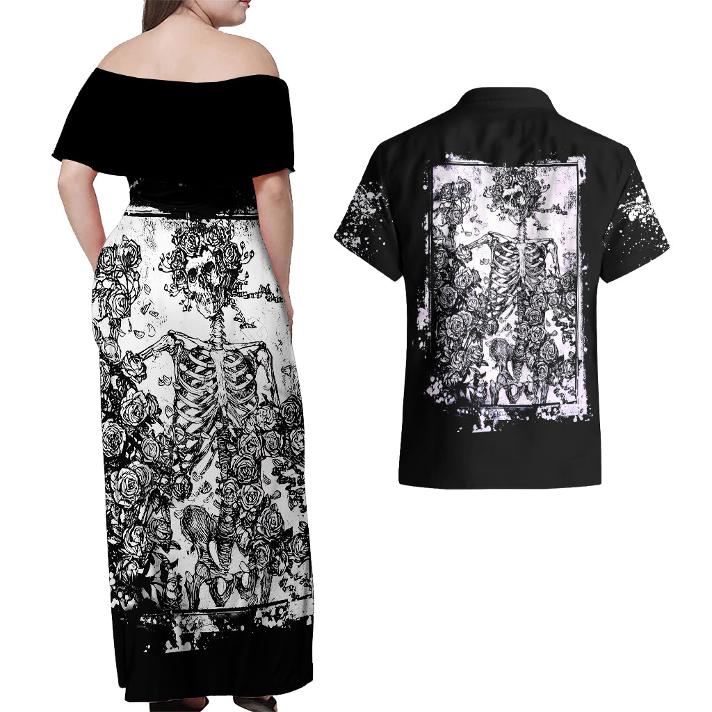 Rose Skull Couples Matching Off Shoulder Maxi Dress and Hawaiian Shirt White Rose Skull Day Of The Dead - Wonder Print Shop