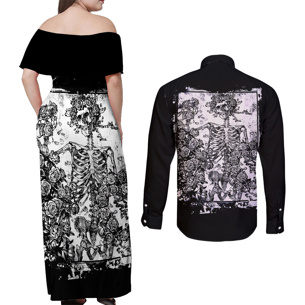 Rose Skull Couples Matching Off Shoulder Maxi Dress and Long Sleeve Button Shirts White Rose Skull Day Of The Dead - Wonder Print Shop