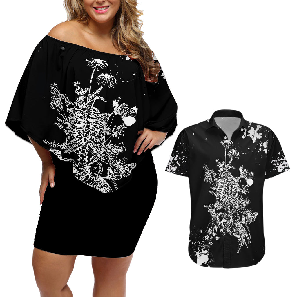 Rose Skull Couples Matching Off Shoulder Short Dress and Hawaiian Shirt White Rose Skull Day Of The Dead - Wonder Print Shop