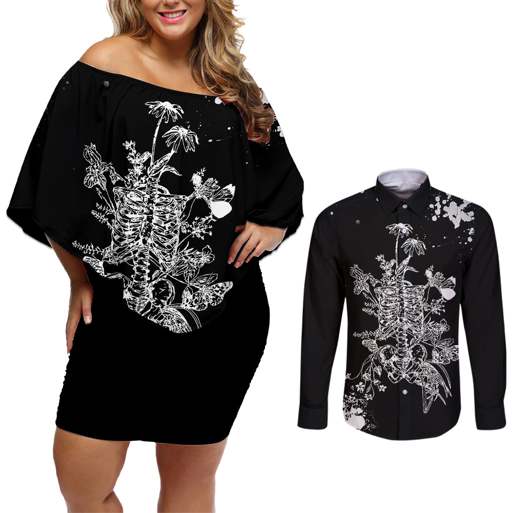 Rose Skull Couples Matching Off Shoulder Short Dress and Long Sleeve Button Shirts White Rose Skull Day Of The Dead - Wonder Print Shop