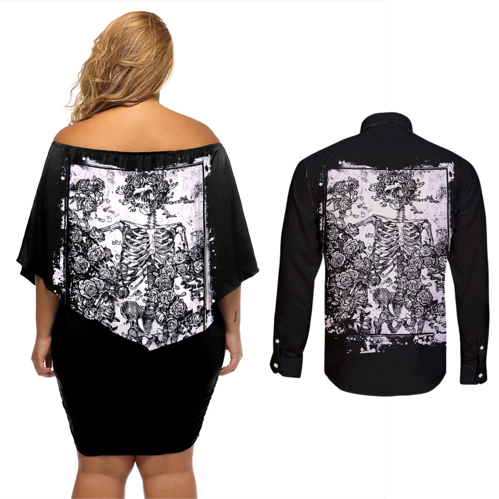 Rose Skull Couples Matching Off Shoulder Short Dress and Long Sleeve Button Shirts White Rose Skull Day Of The Dead - Wonder Print Shop