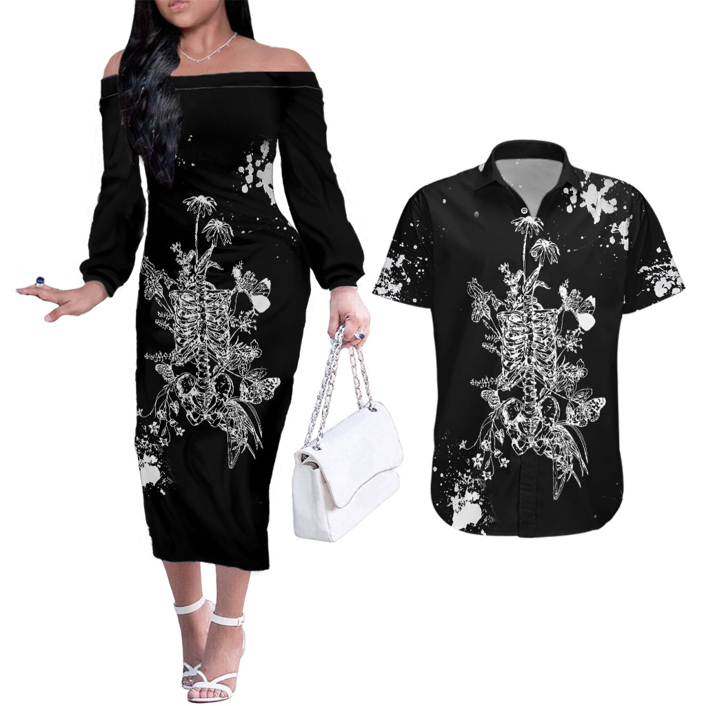 Rose Skull Couples Matching Off The Shoulder Long Sleeve Dress and Hawaiian Shirt White Rose Skull Day Of The Dead - Wonder Print Shop