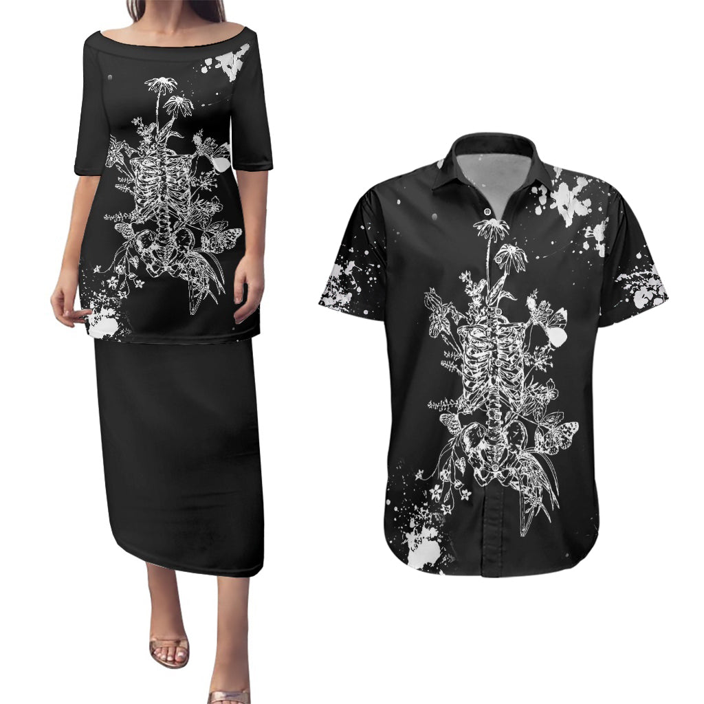 Rose Skull Couples Matching Puletasi Dress and Hawaiian Shirt White Rose Skull Day Of The Dead - Wonder Print Shop