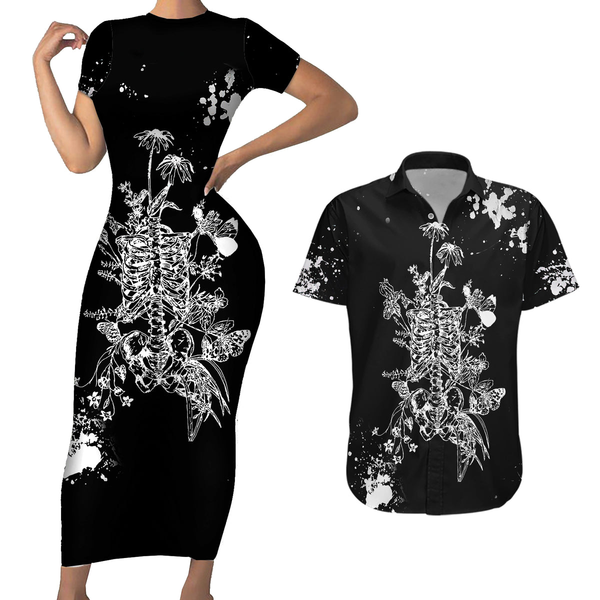 Rose Skull Couples Matching Short Sleeve Bodycon Dress and Hawaiian Shirt White Rose Skull Day Of The Dead - Wonder Print Shop