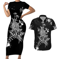Rose Skull Couples Matching Short Sleeve Bodycon Dress and Hawaiian Shirt White Rose Skull Day Of The Dead - Wonder Print Shop