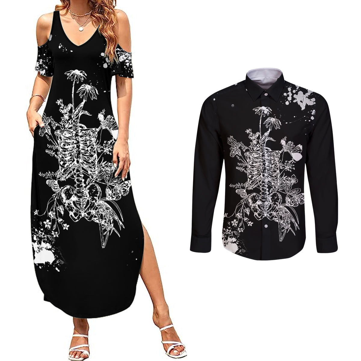 Rose Skull Couples Matching Summer Maxi Dress and Long Sleeve Button Shirts White Rose Skull Day Of The Dead - Wonder Print Shop
