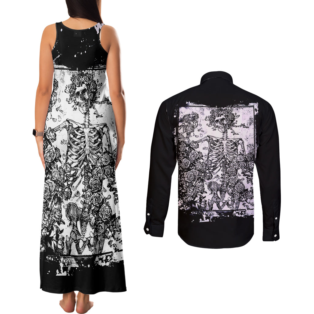 Rose Skull Couples Matching Tank Maxi Dress and Long Sleeve Button Shirts White Rose Skull Day Of The Dead - Wonder Print Shop
