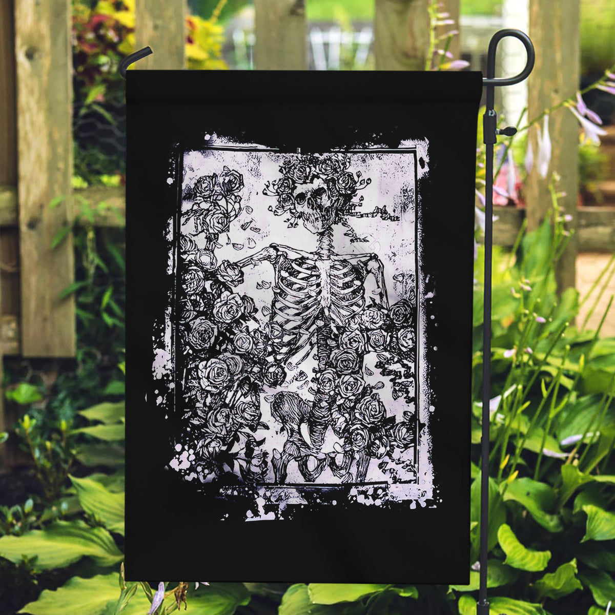 Rose Skull Garden Flag White Rose Skull Day Of The Dead - Wonder Print Shop