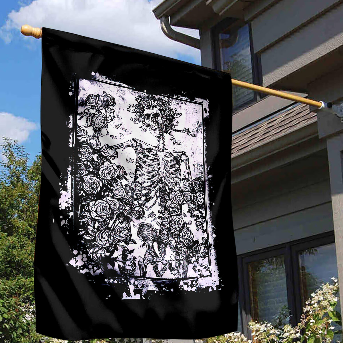 Rose Skull Garden Flag White Rose Skull Day Of The Dead - Wonder Print Shop