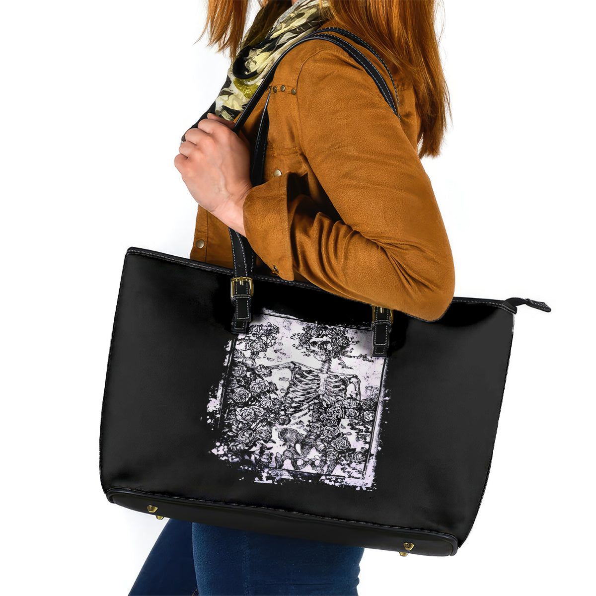 Rose Skull Leather Tote Bag White Rose Skull Day Of The Dead - Wonder Print Shop
