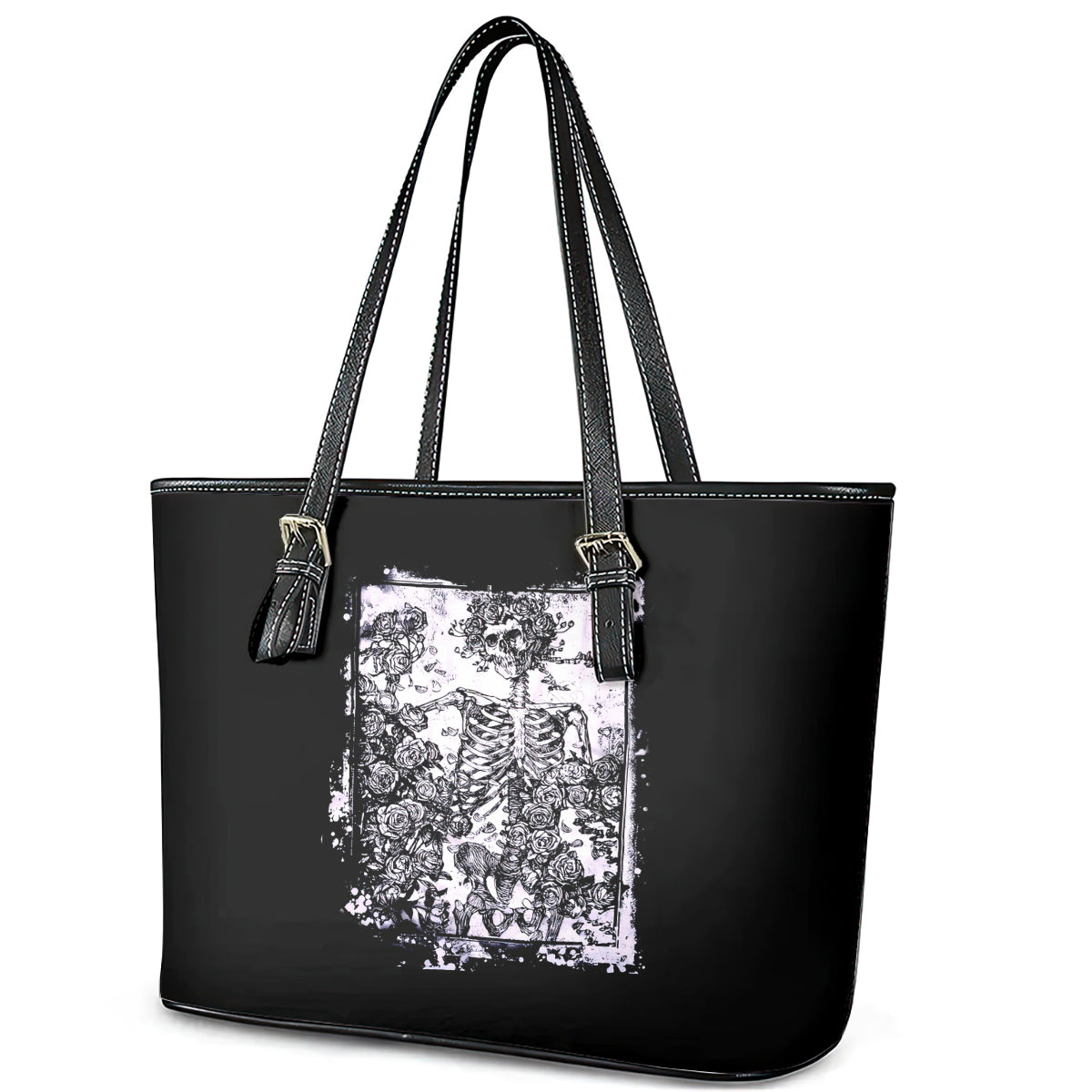 Rose Skull Leather Tote Bag White Rose Skull Day Of The Dead - Wonder Print Shop
