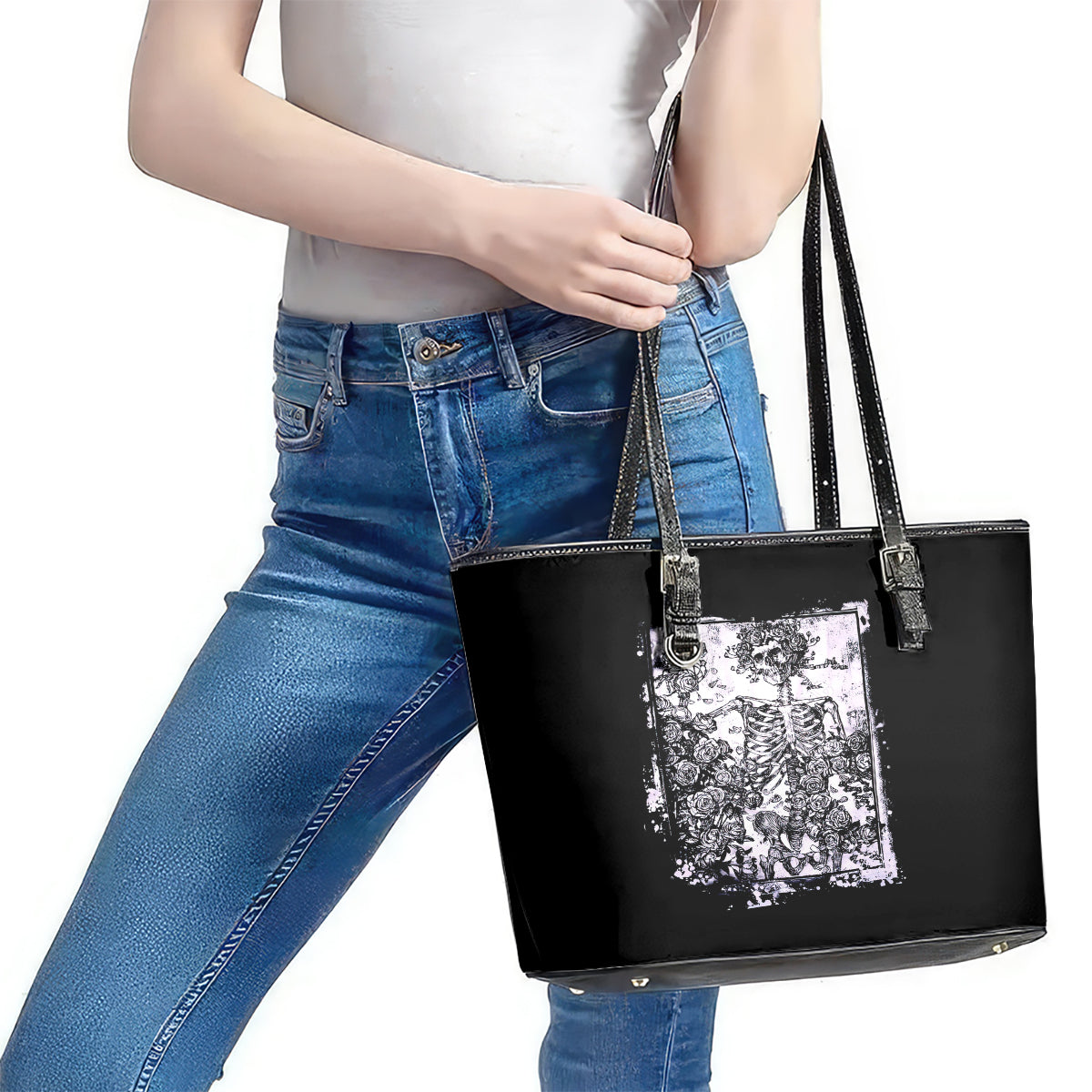Rose Skull Leather Tote Bag White Rose Skull Day Of The Dead - Wonder Print Shop