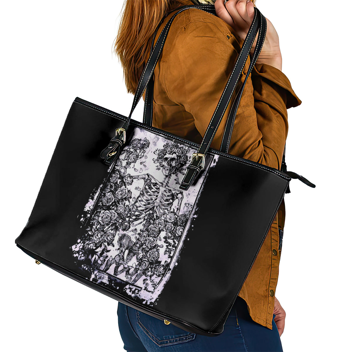Rose Skull Leather Tote Bag White Rose Skull Day Of The Dead - Wonder Print Shop