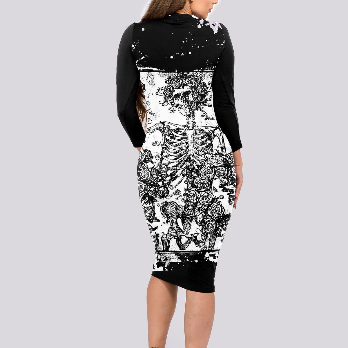 Rose Skull Long Sleeve Bodycon Dress White Rose Skull Day Of The Dead - Wonder Print Shop