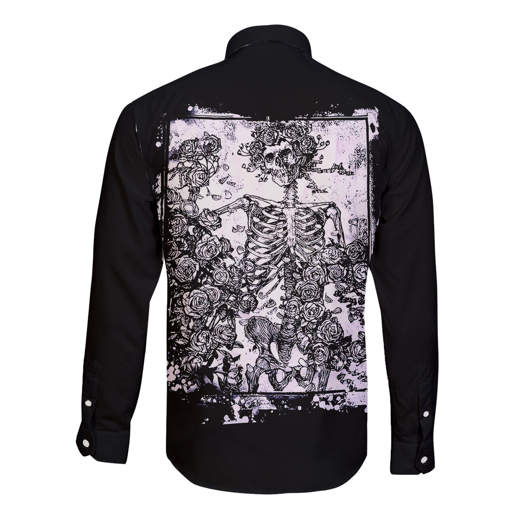 Rose Skull Long Sleeve Button Shirt White Rose Skull Day Of The Dead - Wonder Print Shop