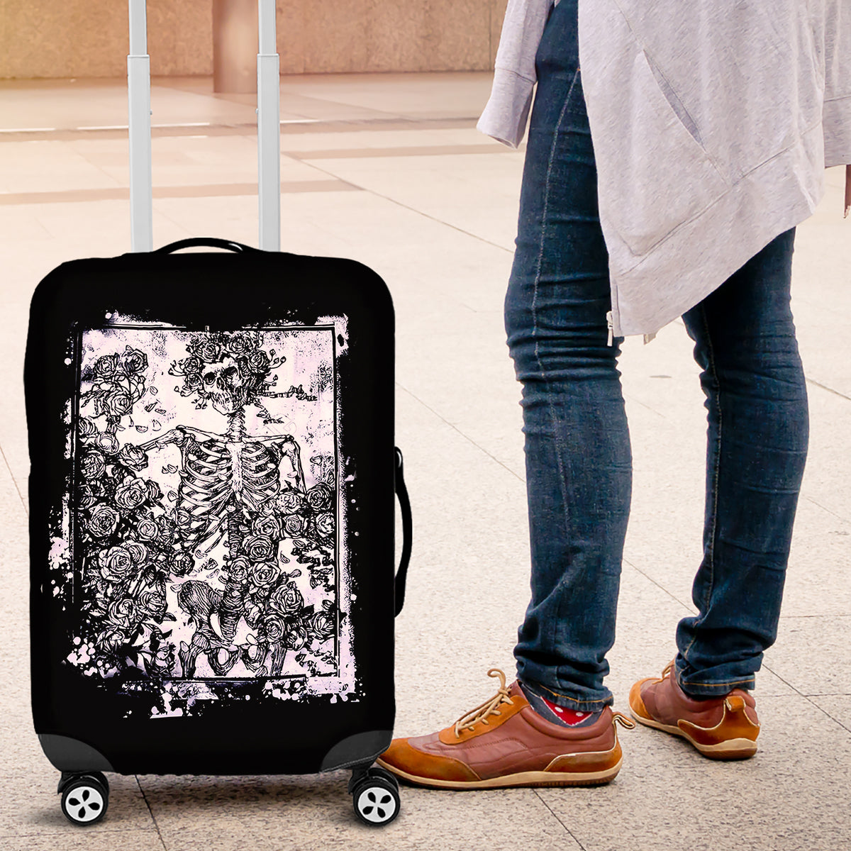 Rose Skull Luggage Cover White Rose Skull Day Of The Dead - Wonder Print Shop