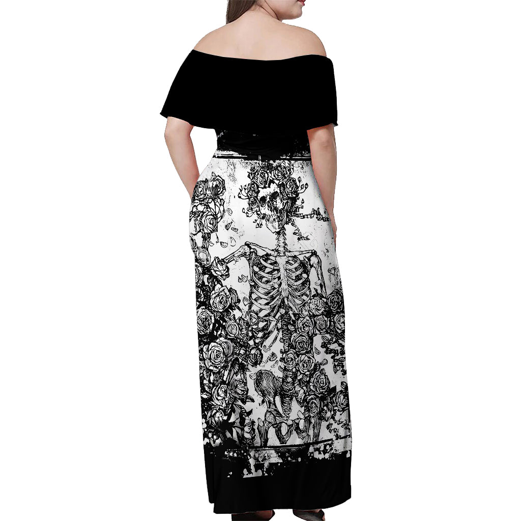 Rose Skull Off Shoulder Maxi Dress White Rose Skull Day Of The Dead - Wonder Print Shop