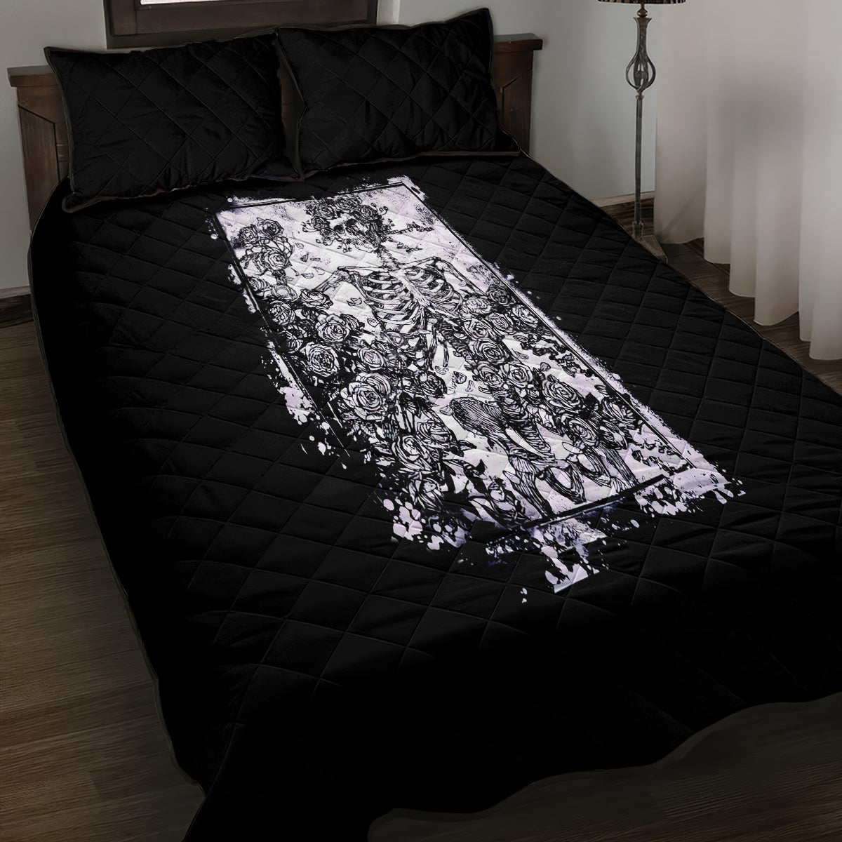 Rose Skull Quilt Bed Set White Rose Skull Day Of The Dead - Wonder Print Shop