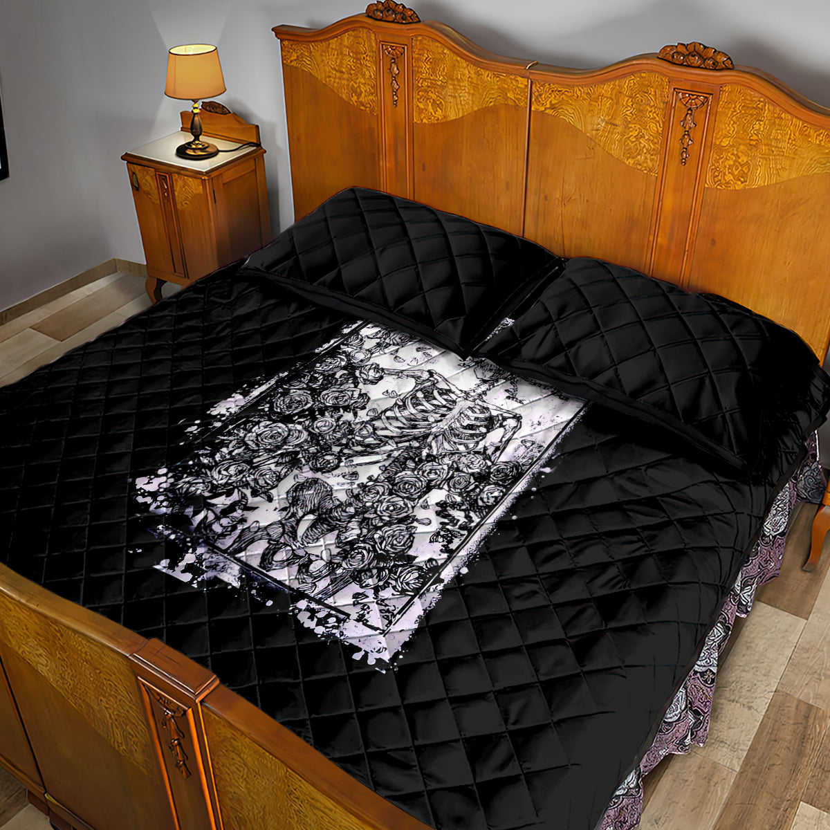 Rose Skull Quilt Bed Set White Rose Skull Day Of The Dead - Wonder Print Shop