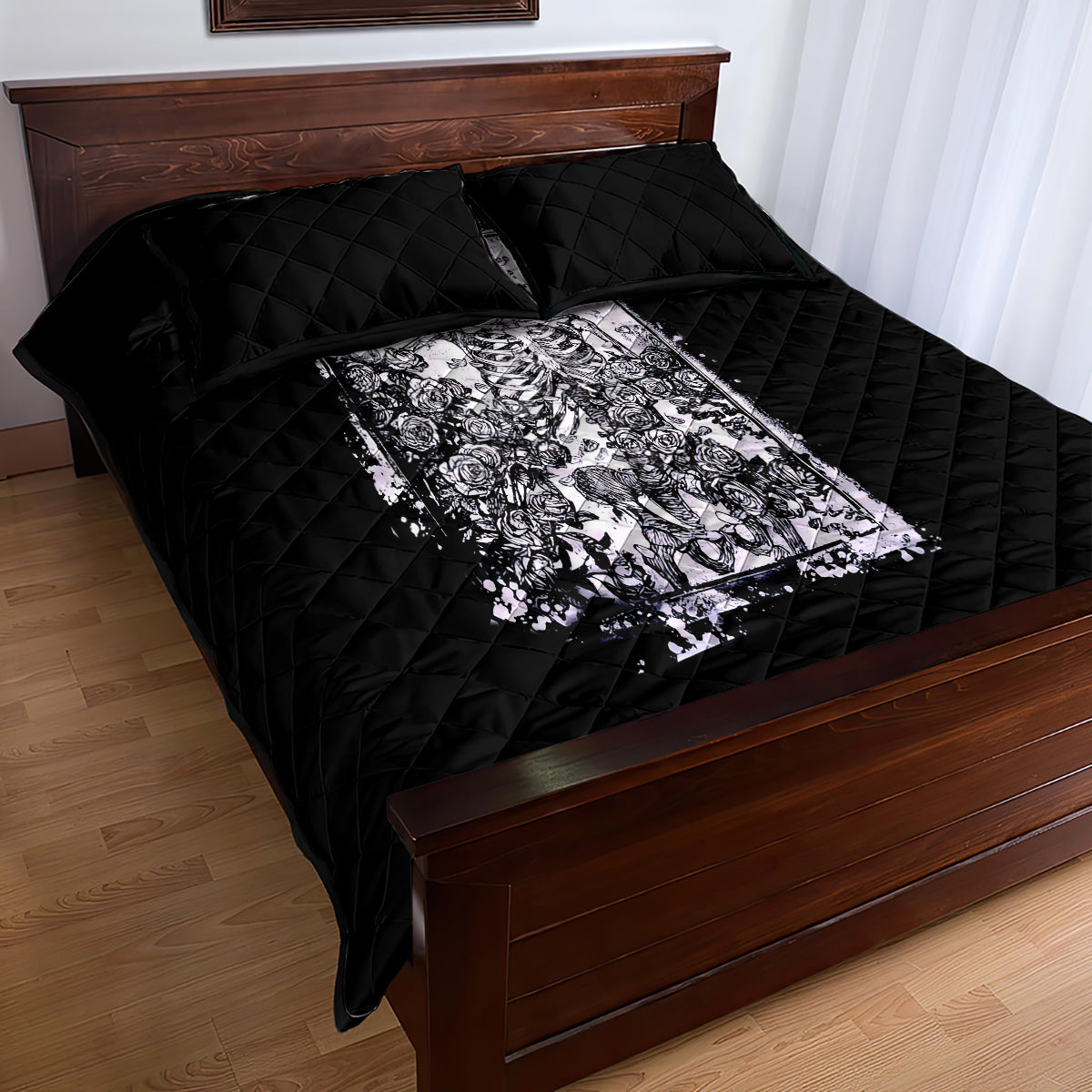Rose Skull Quilt Bed Set White Rose Skull Day Of The Dead - Wonder Print Shop