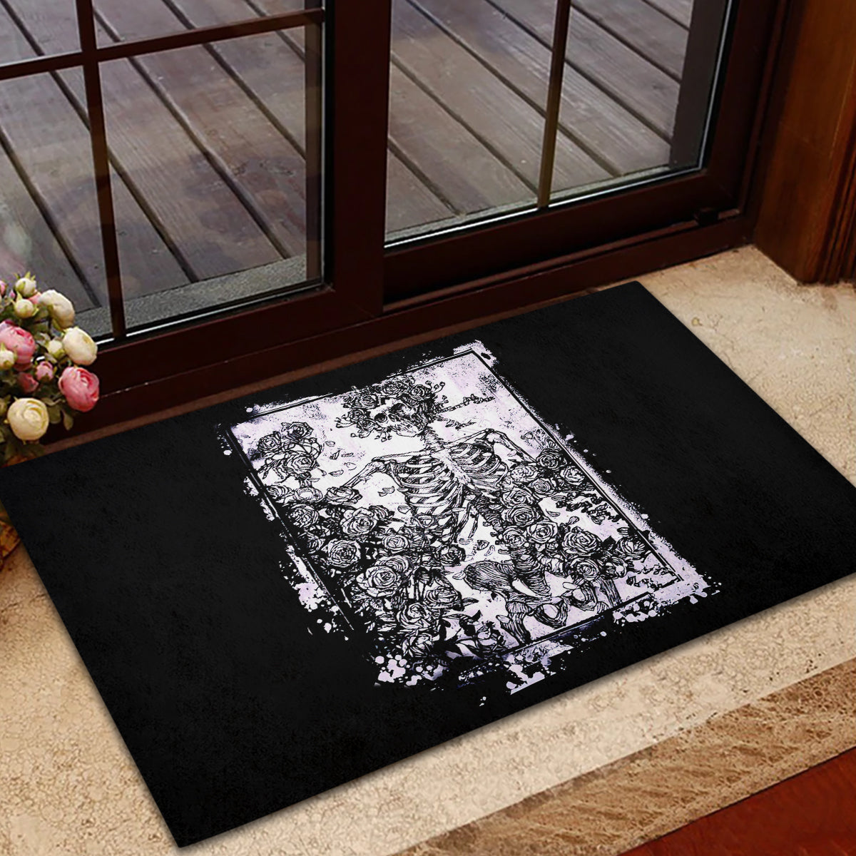 Rose Skull Rubber Doormat White Rose Skull Day Of The Dead - Wonder Print Shop