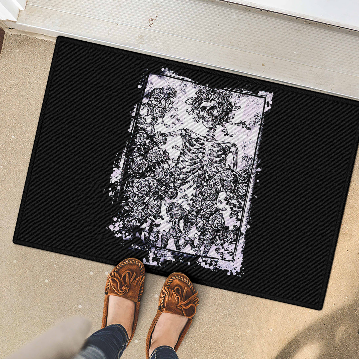 Rose Skull Rubber Doormat White Rose Skull Day Of The Dead - Wonder Print Shop