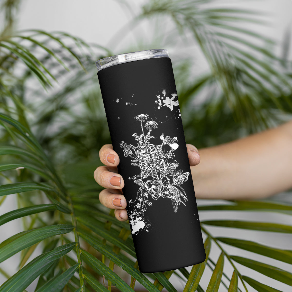 Rose Skull Skinny Tumbler White Rose Skull Day Of The Dead - Wonder Print Shop