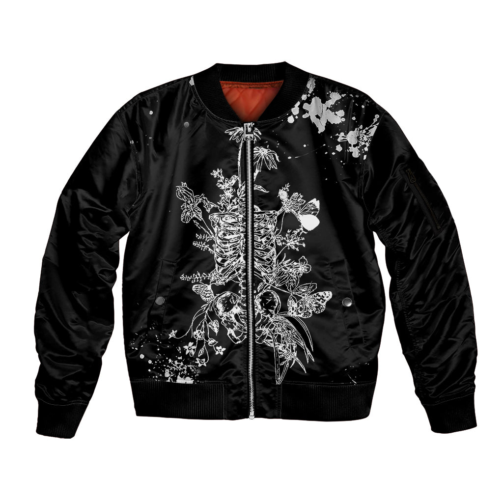Rose Skull Sleeve Zip Bomber Jacket White Rose Skull Day Of The Dead - Wonder Print Shop