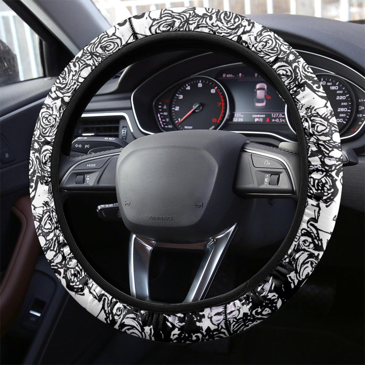 Rose Skull Steering Wheel Cover White Rose Skull Day Of The Dead - Wonder Print Shop