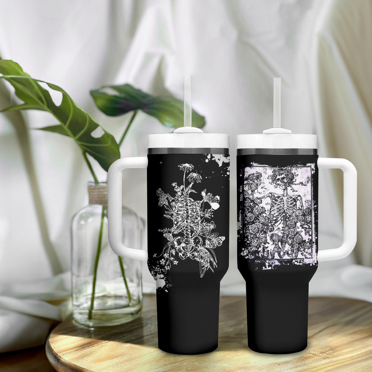 Rose Skull Tumbler With Handle White Rose Skull Day Of The Dead - Wonder Print Shop