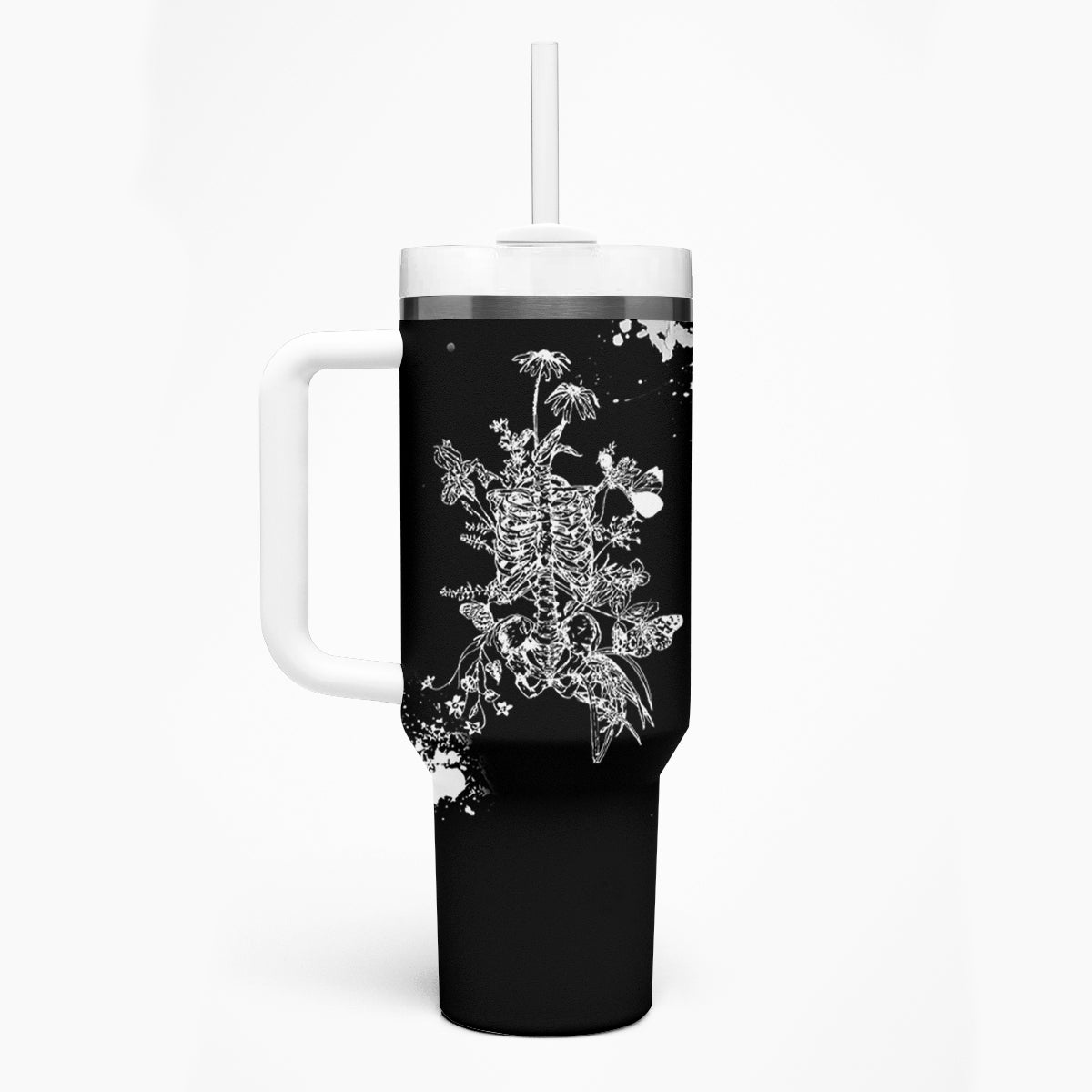 Rose Skull Tumbler With Handle White Rose Skull Day Of The Dead - Wonder Print Shop