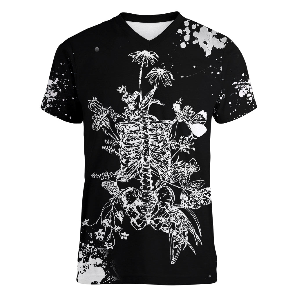 Rose Skull Women V Neck T Shirt White Rose Skull Day Of The Dead - Wonder Print Shop