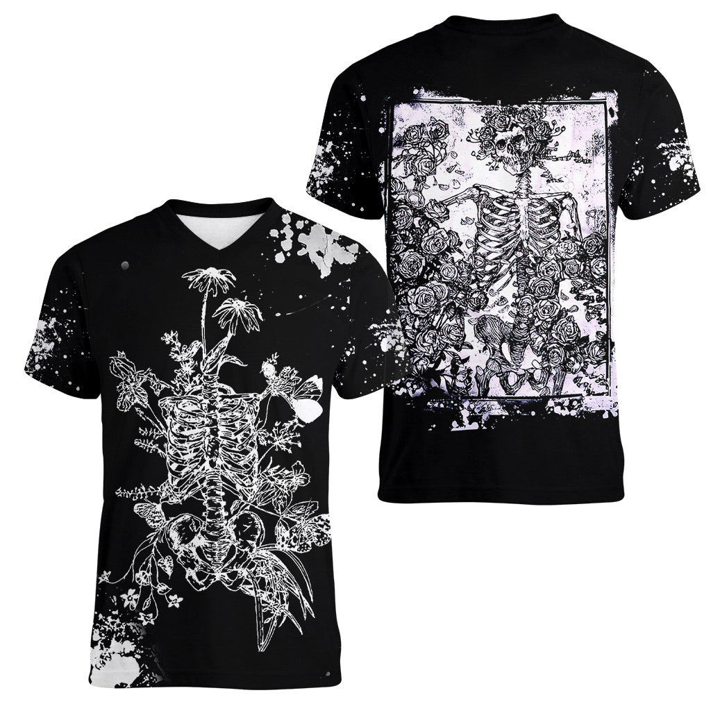 Rose Skull Women V Neck T Shirt White Rose Skull Day Of The Dead - Wonder Print Shop