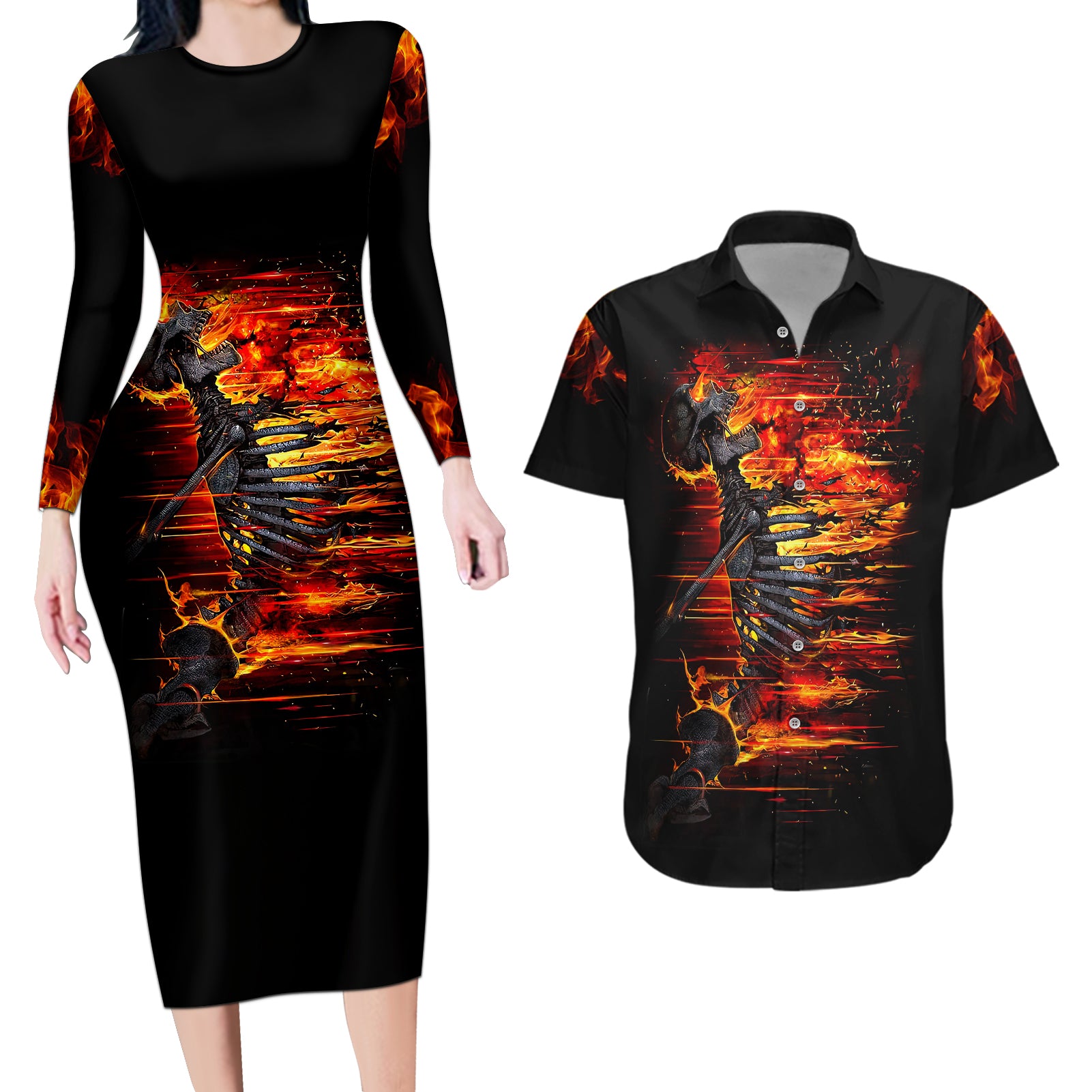 Fire Skull Couples Matching Long Sleeve Bodycon Dress and Hawaiian Shirt Dead Fire Skeleton Scream - Wonder Print Shop