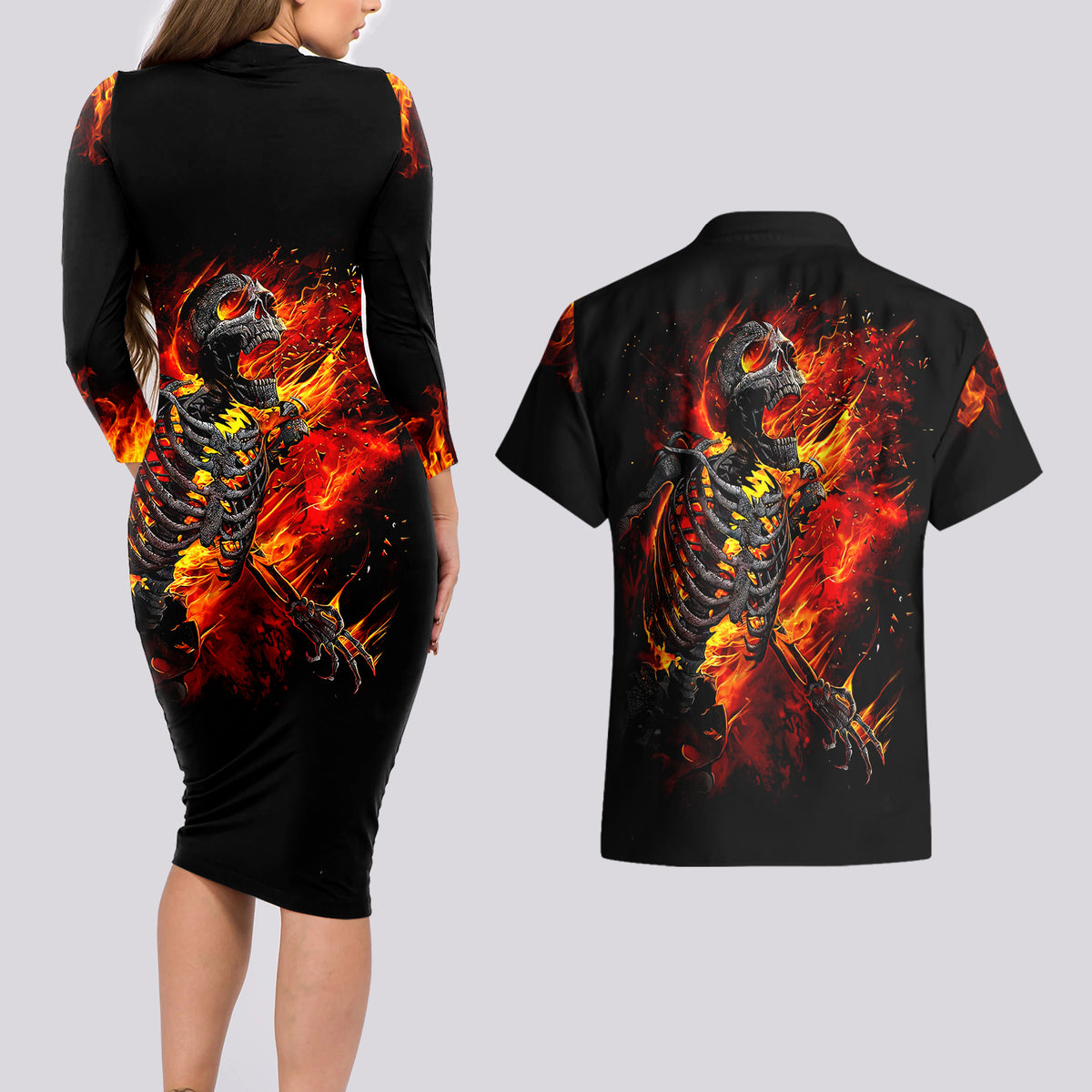 Fire Skull Couples Matching Long Sleeve Bodycon Dress and Hawaiian Shirt Dead Fire Skeleton Scream - Wonder Print Shop