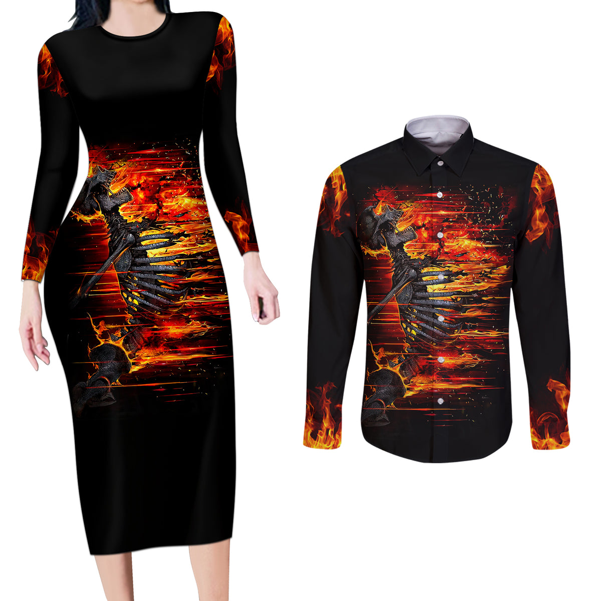 Fire Skull Couples Matching Long Sleeve Bodycon Dress and Long Sleeve Button Shirts Dead Fire Skeleton Scream - Wonder Print Shop