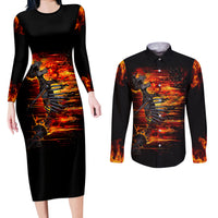 Fire Skull Couples Matching Long Sleeve Bodycon Dress and Long Sleeve Button Shirts Dead Fire Skeleton Scream - Wonder Print Shop